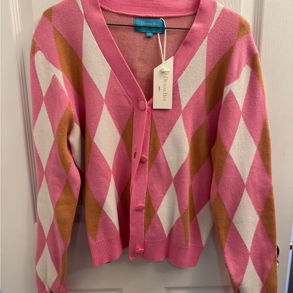 Denim&Co Pink Argyle Cardigan
